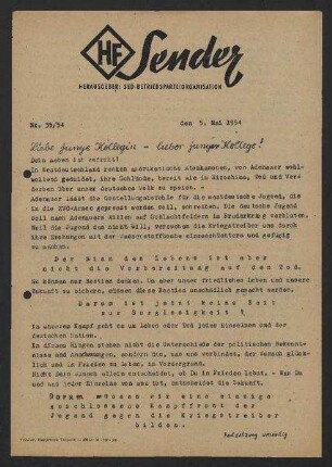 'HF-Sender' [Flugblatt], Nr.35/1954 (5. Mai 1954)
