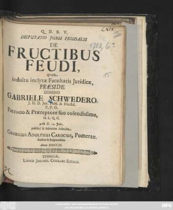 Disputatio Juris Feudalis De Fructibus Feudi