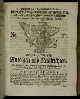 No. 37. Montags, den 15ten September 1760.