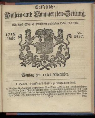 50. Stueck, Montag den 11ten December 1758
