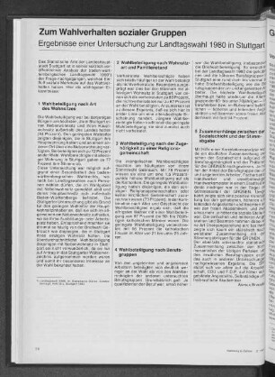 Zum Wahlverhalten sozialer Gruppen : Ergebnisse einer Untersuchung zur Landtagswahl 1980 in Stuttgart