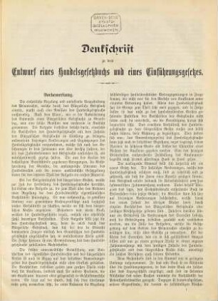 Materialien zum Handelsgesetzbuche für das Deutsche Reich und dem Einführungsgesetze : Entwurf eines Handelsgesetzbuchs nebst dem Entwurf eines Einführungsgesetzes und einer Denkschrift ; Reichstags-Vorlage