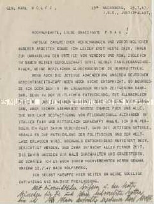 Persönlicher Brief von General Wolff aus dem Justizpalast Nürnberg mit der Beteuerung seiner Unschuld an Kriegs- und NS-Verbrechen