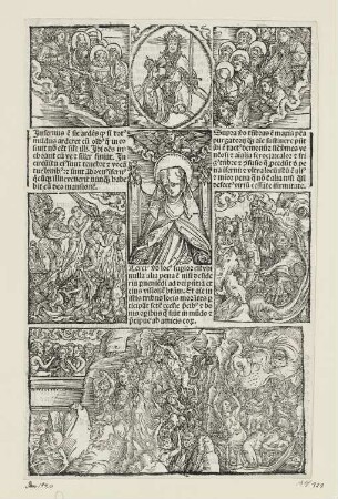 Heilige Brigitta, Christus und Maria, Heilige, Jüngstes Gericht, aus: Suecica Brigitta/Petrus Olai/Johannes de Turrecremata/Florian Waldauf, "Revelationes Sanctae Birgittae", Nürnberg 1500, S. 76 verso