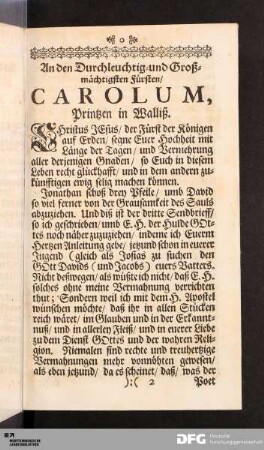 Zuschrifft. An den Durchleuchtig- und Großmächtigsten Fürsten/ CAROLUM, Printzen in Walliß.