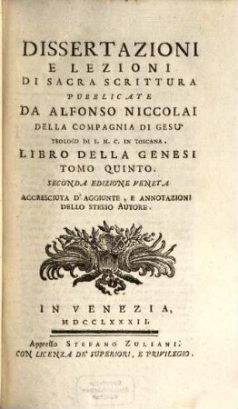 Dissertazioni E Lezioni Di Sacra Scrittura, Tomo Quinto. Libro Della Genesi