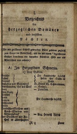 I. Verzeichnis der herzoglichen Domänen und derselben Pächter