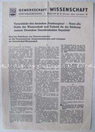 Offener Brief des Zentralvorstandes der Gewerkschaft Wissenschaft an ihre Funktionäre und ehrenamtlichen Mitarbeiter zum Kampf für einen Friedensvertrag und Stärkung der DDR