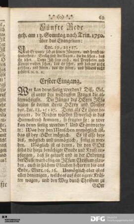 Fünfte Rede geh. am 13. Sonntag nach Trin. 1750. über das Evangelium: Luc. 10, 23-37.