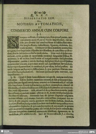Dissertatio XXV. De Motibus Automaticis, Et Commercio Animae Cum Corpore