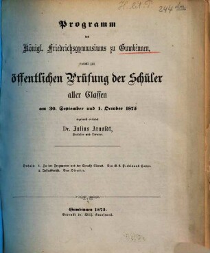 Programm des Königl. Friedrichsgymnasiums zu Gumbinnen : für das Schuljahr .., 1874/75