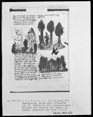 Jean de Mandeville, Reise nach Jerusalem — Textseite mit zwei Illustrationen, Folio 42recto