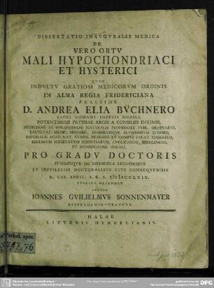 Dissertatio Inauguralis Medica De Vero Ortu Mali Hypochondriaci Et Hysterici