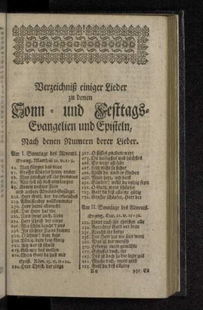 Verzeichnis einiger Lieder zu denen Sonn - und Festtags-Evangelien und Episteln, Nach denen Numern derer Lieder.