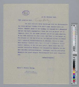 Brief an den S. Fischer Verlag