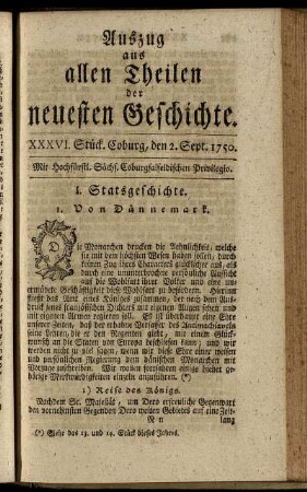 XXXVI. Stück. Coburg, den 2. Sept. 1750.