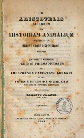 De Aristotelis librorum ad historiam animalium pertinentium ordine atque dispositione