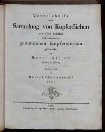 Verzeichniss einer Sammlung von Kupferstichen aus allen Schulen und verschiedenen gebundenen Kupferwerken gesammlet von Herrn Sillem Kaufmann in Hamburg. Aufgesetzt 1781
