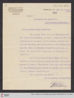 Brief von Dr. C. Schleussner AG (Frankfurt, Main) an Max Wolf