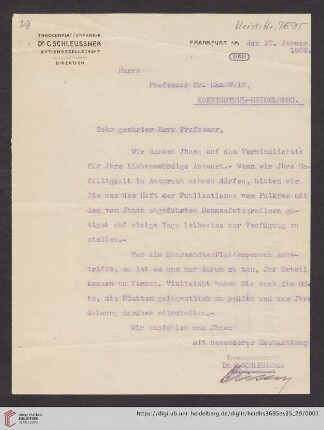 Brief von Dr. C. Schleussner AG (Frankfurt, Main) an Max Wolf
