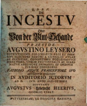 De incestu, oder von der Blut-Schande