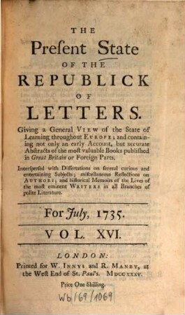 The present state of the republick of letters. 16. 1735, Juli