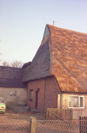 Papierholz: Bauernhaus mit Reetdach: Giebelseite: links Anbau
