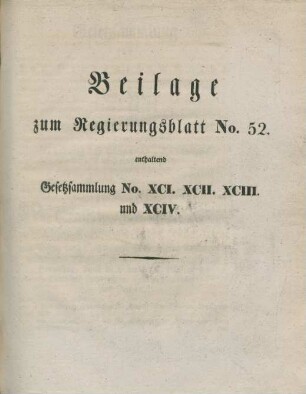 Beilage zum Regierungsblatt No. 52. enthaltend Gesetzsammlung No. XCI. XCII. XCIII. und XCIV.