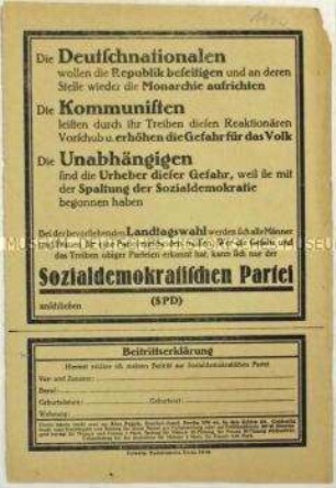 Aufruf der SPD zum Beitritt anlässlich der bevorstehenden Landtagswahlen im Juni 1920