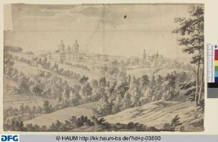 Hügellandschaft mit einem Schloss und einem Dorf
