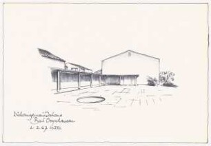 Heilig-Geist-Kirche, Bad Oeynhausen Gemeindehaus: Perspektivische Ansicht Kirchhof (Lichtpause von Inv.Nr. 37995)