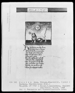 Heinrich von Laufenberg, Regimen sanitatis, deutsch — Löwe, Folio 11recto
