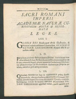 Sacri Romani Imperii Academiae Naturae Curiosorum Auctae & Reformatae Leges.