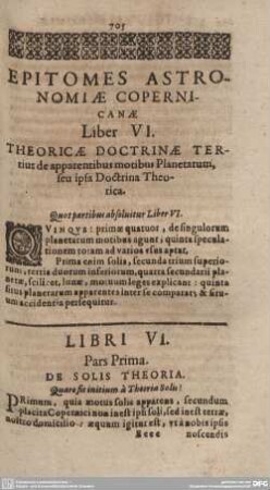 Liber VI. Theoricae Doctrinae Tertius de apparentibus motibus Planetarum, seu ipsa Doctrina Theorica