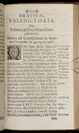 Oratio IV. Valedictoria. De Utilitate & Necessitate Peregrinationis.