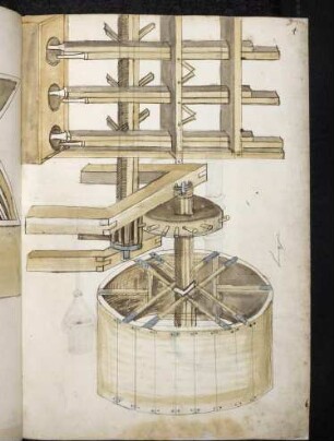 Stampfwerk (Pulverstampfe?) mit Tretradantrieb und sechs Balken