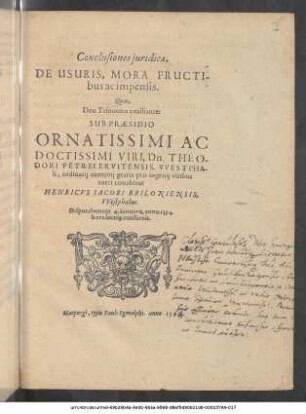 Conclusiones juridicæ, De Usuris, Mora Fructibus ac impensis