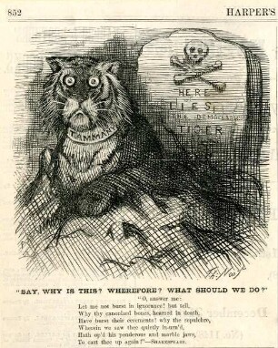 "Say, why is this? Wherefore? What should we do?" [Anschließend folgt ein Textblock] : der Tammany Tiger steigt aus einem Grab