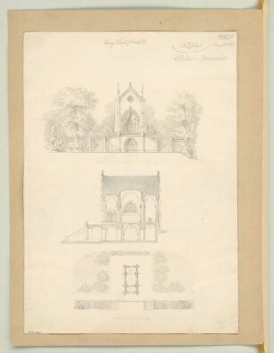 Begräbniskapelle Monatskonkurrenz April 1843: Lageplan mit Grundriss, Aufriss Vorderansicht, Längsschnitt; 2 Maßstabsleisten. [Vergl. MK 18-003]