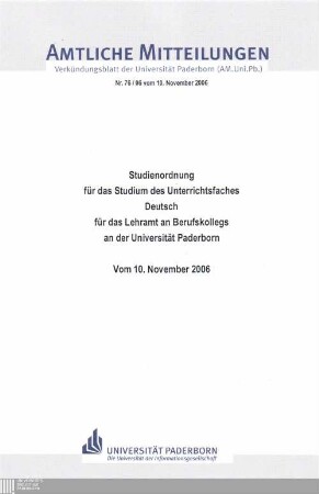 Studienordnung für das Studium des Unterrichtsfaches Deutsch für das Lehramt an Berufskollegs an der Universität Paderborn : vom 10. November 2006