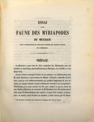 Mémoires pour servir à l'histoire naturelle du Mexique, des Antilles et des États-Unis, 2. Essai d'une faune des myriapodes du Mexique : avec la description de quelques espèces des autres parties de l'Amérique