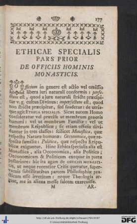 Ethicae Specialis Pars Prior. De Officiis Hominis Monasticis.