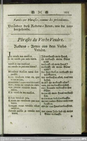 Phrases du Verbe Vendre. Redens-Arten aus dem Verbo Vendre