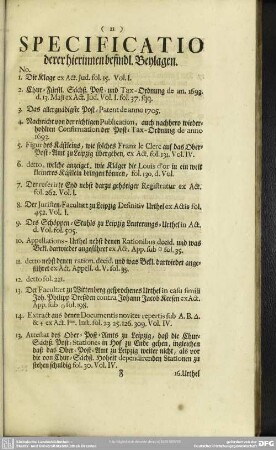 Specificatio derer hierinnen befindl. Beylagen