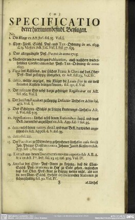 Specificatio derer hierinnen befindl. Beylagen