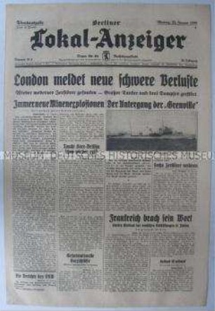 Tageszeitung "Berliner Lokal-Anzeiger" u.a. über den Untergang des englischen Kriegsschiffes "Grenville"