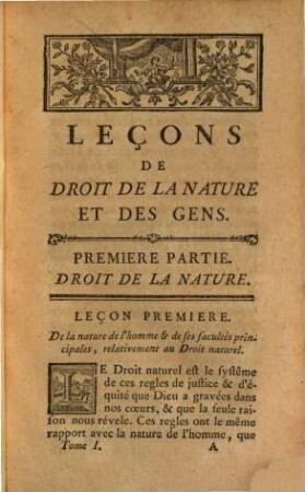 Leçons De Droit De La Nature Et Des Gens, 1,1. Droit De La Nature ; Premiere Partie