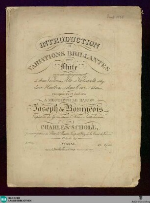 Introduction et variations brillantes pour flûte : avec accompagnement de deux violons, alte et violoncelle oblig: deux hautbois et deux cors ad libitum; oeuvre 19