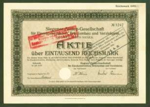 Siegener Aktien-Gesellschaft für Eisenkonstruktion, Brückenbau und Verzinkerei in Geisweid, 1.000 Reichsmark, Nr. 1247, Geisweid, im Juli 1929