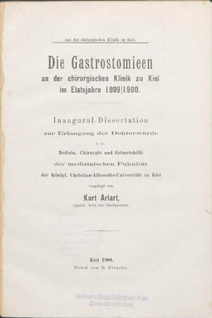 Die Gastrostomieen an der chirurgischen Klinik zu Kiel im Etatsjahre 1899/1900